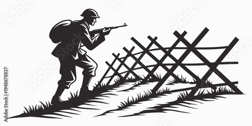 a soldier is crouching behind a wooden fence Vector