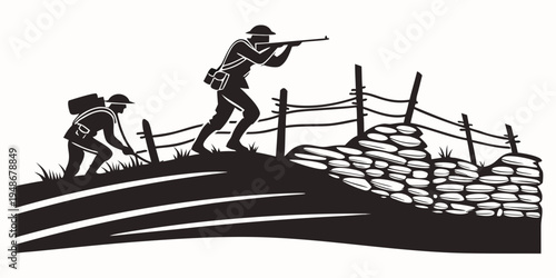 soldiers on a hill with a fence Vector