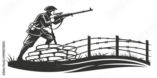 soldier aiming rifle from behind a brick wall Vector