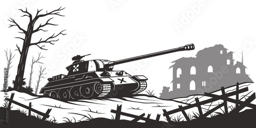 a tank is parked next to a destroyed building Vector