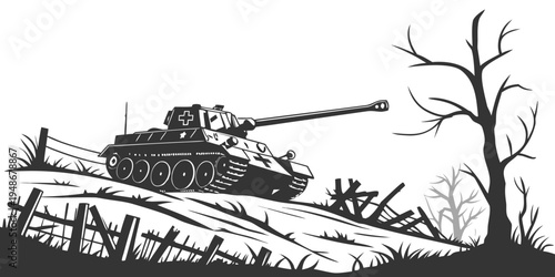 a tank is driving over a hill next to a leafless tree Vector