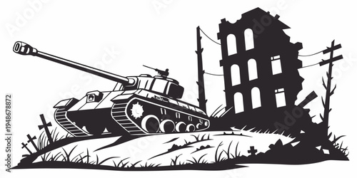 a tank is parked next to a destroyed building Vector