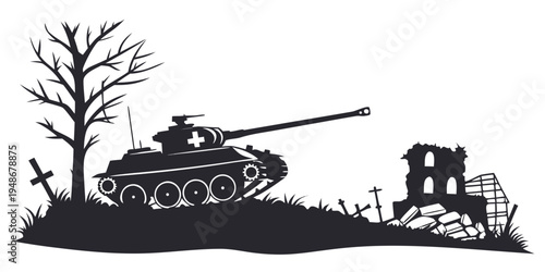 a black silhouette of a tank on a hill Vector
