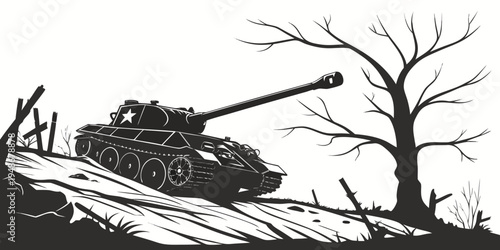 a black and white drawing of a tank on a hill Vector
