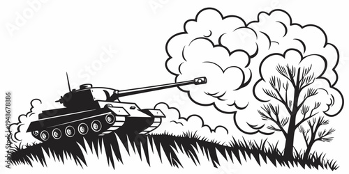 a black and white drawing of a tank firing Vector