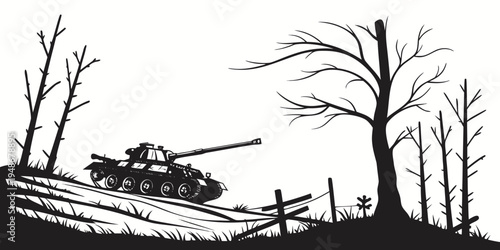 Tableau sur toile a tank is driving down a hill near a wooden fence Vector