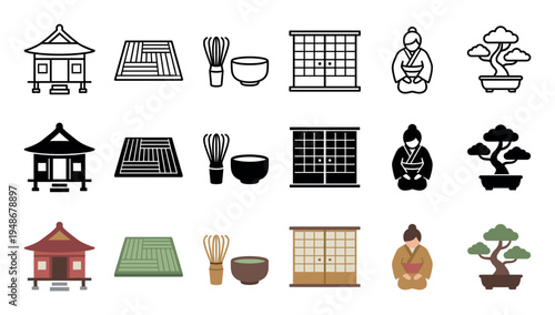 Diverse set of traditional Japanese cultural icons and symbols, featuring a pagoda, tatami mat, matcha tea ceremony items, shoji screen, woman, and bonsai tree, in multiple graphic styles.
