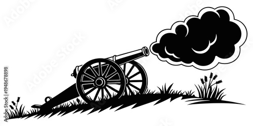 a black and white illustration of a cannon firing on a grassy hill Vector