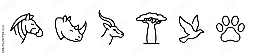 Naklejka premium Collection of outline icons representing African wildlife and nature, including animals, a tree, and a paw print.
