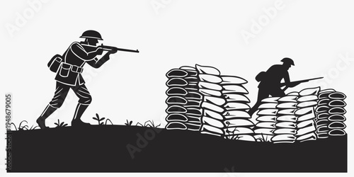 soldiers in combat with sandbags for cover Vector