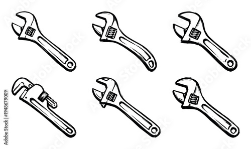 Collection of hand-drawn wrenches, including adjustable and pipe wrenches, are arranged in a pattern for mechanical work.