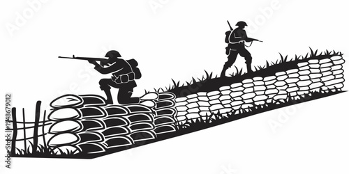 soldiers on a sandbag wall with guns Vector