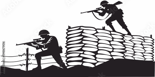 soldiers in combat position behind a fence Vector