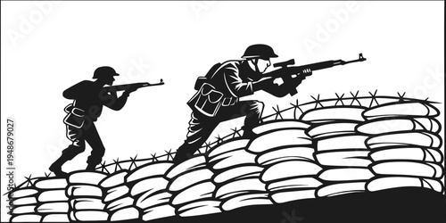 soldiers in combat position behind sandbags Vector