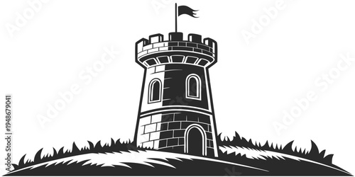 a tall stone tower with a flag on top Vector