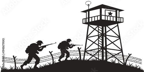 soldiers and guard tower near a fence Vector
