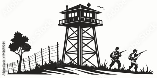 soldiers and guard tower with fence and tree Vector