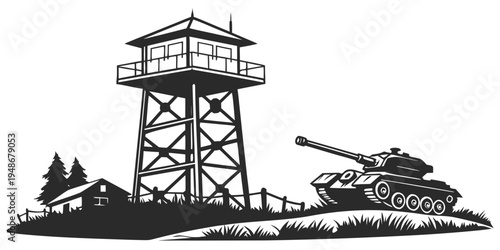 a tank and a watchtower on a hill Vector