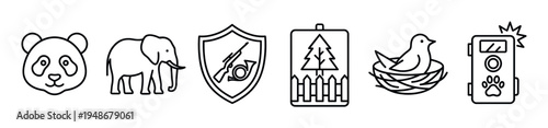 Collection of black and white line icons representing wildlife conservation, nature protection, hunting, and animal monitoring concepts.