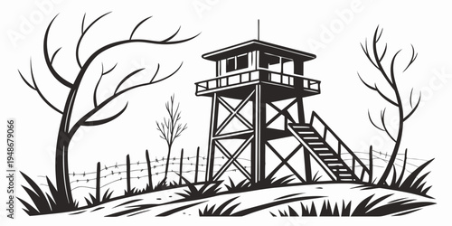 a tall watchtower with a fence and trees Vector