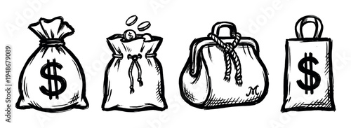 Hand-drawn illustrations depict various money containers including bags and a purse, symbolizing wealth and finance.