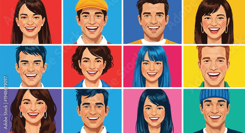 Painted realistic character headshots on bright vivid squares