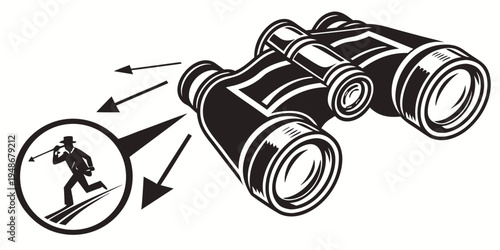 a pair of binoculars with a man icon zooming in Vector