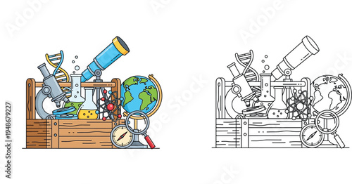 STEM education concept. Wooden crate filled with science equipment icons including microscope, telescope, globe and DNA. Color and black and white outline vector illustration.