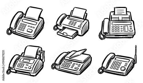 Set of hand-drawn illustrations depicting different models of old-fashioned fax machines with integrated telephones.