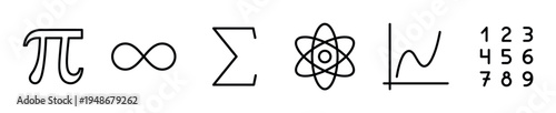 Various mathematical and scientific symbols like Pi, infinity, summation, atom, graph, and numbers are presented as a conceptual illustration.
