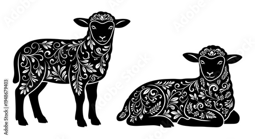 Set of 2 black sheep vector illustrations with floral patterns