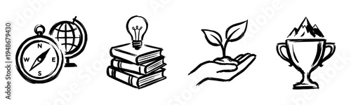 Set of hand-drawn conceptual icons including a compass with a globe, books with a lightbulb, a plant in hand, and a trophy with mountains.