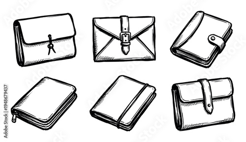 Collection of hand-drawn illustrations depicting various styles of wallets, purses, and small cases, showcasing different closures and designs.