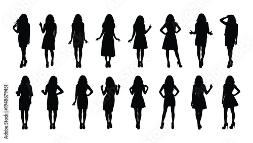 Collection of female silhouettes in various poses and attire on white background for graphic design and illustration