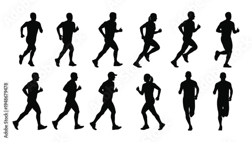 Collection of diverse silhouette runners in various poses and attire