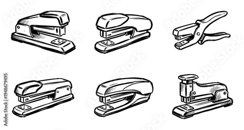 Six hand-drawn staplers showcasing various designs of office fastening tools in a sketch art style.