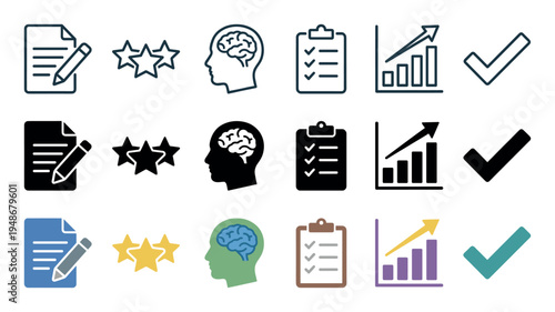 Diverse set of icons illustrating concepts of review, achievement, and cognitive processes in various styles.