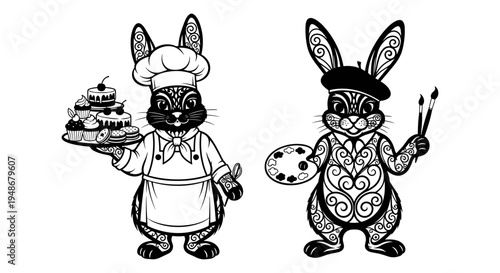 Set of 2 rabbits vector illustrations, chef and artist