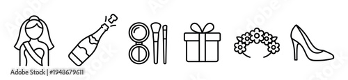 Collection of line art icons representing bachelorette party essentials and wedding celebration elements for a festive occasion.