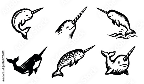 Artistic collection of narwhal illustrations showcasing various expressive styles and creative interpretations.