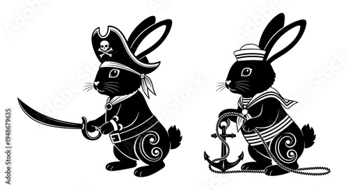 Set of 2 pirate rabbits vector illustrations