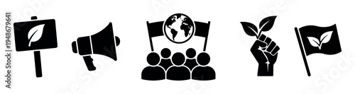 Set of solid black icons depicting environmental protest, activism, and climate change awareness symbols for social movements.