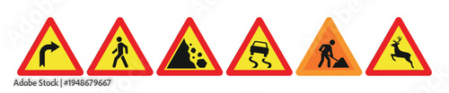 Collection of various yellow and red warning road signs indicating potential hazards and conditions for drivers.