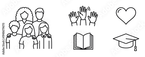 Diverse set of black outline icons representing family, education, community, love, and achievement.
