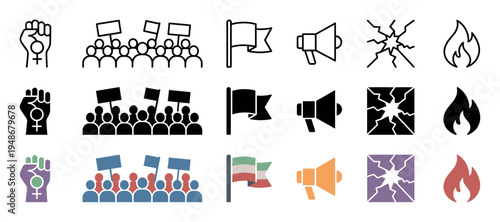 Comprehensive set of protest and activism icons, featuring symbols like a raised fist, crowd with signs, megaphone, flag, broken glass, and fire, in various styles.