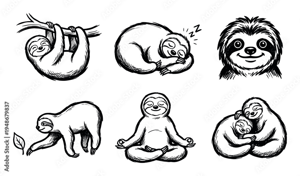 Naklejka premium Collection of hand-drawn black and white sloth illustrations depicting various poses and activities in their natural habitat.