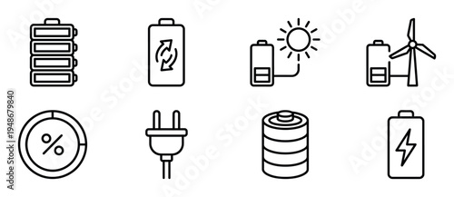Collection of outline icons representing various aspects of battery power, energy storage, charging, and renewable electricity sources.