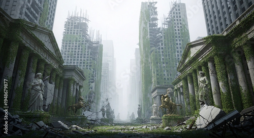 Eerie post-apocalyptic urban landscape illustration featuring abandoned skyscrapers and classical ruins entirely consumed by vibrant green overgrowth, symbolizing nature's powerful reclamation
