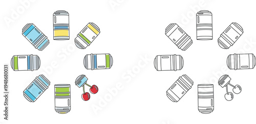 Vector icon set of cylindrical containers, bottles or cartridges arranged in a circle with a cherry flavor symbol. Includes flat color and black and white outline versions.