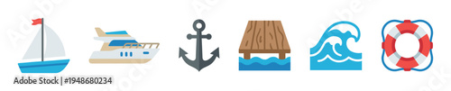 Collection of colorful nautical and marine icons including a sailboat, yacht, anchor, pier, wave, and lifebuoy, representing sea travel.